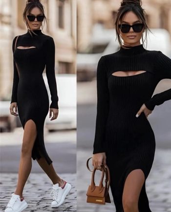 Σετ 2 Τεμαχίων: Μαύρο Ριπ Φόρεμα με Σκίσιμο & Crop Πλεκτή Μπλούζα ✨